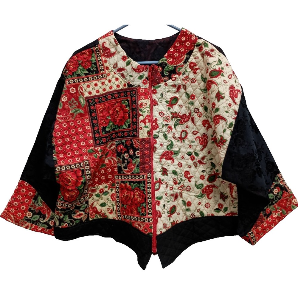 Vintage Handmade Patchwork Quilted Jacket Womens XL Floral Cottage Prairie BOHO